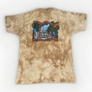 Vintage Liquid Blue Tie Dye Graphic T-Shirt Brown Medium 20x27 Nature Scene 90s